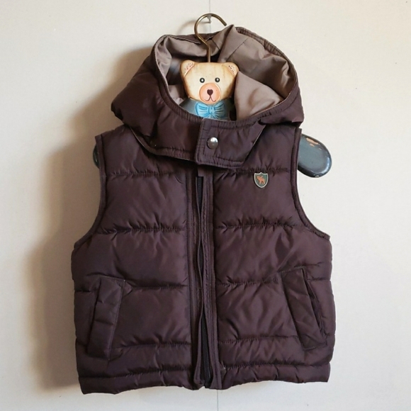 2/$20 unisex Joe Fresh Dark Brown Hooded Puffer Vest, zip up Size 6-12 months - Picture 1 of 8